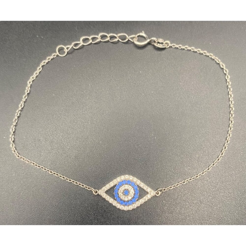 Sterling Silver Evil Eye Bracelet 925 Blue CZ Adjustable 7-8" Protection Dainty